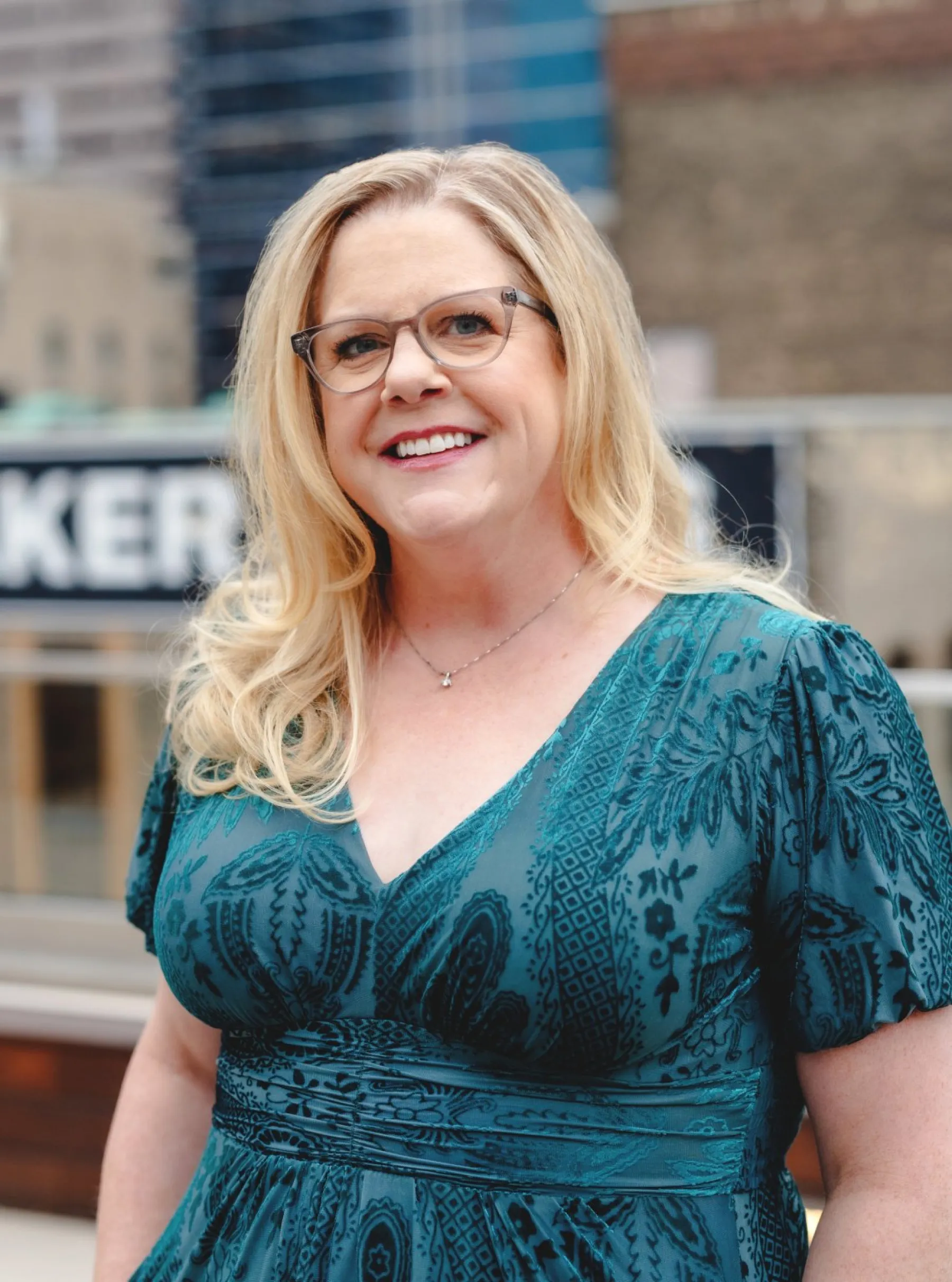 a woman wearing glasses