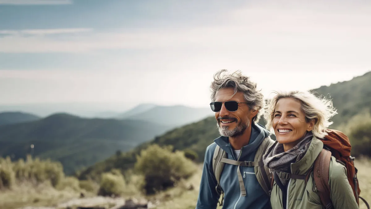Happy couple enjoying a hike in the mountains with scenic views and bright smiles.