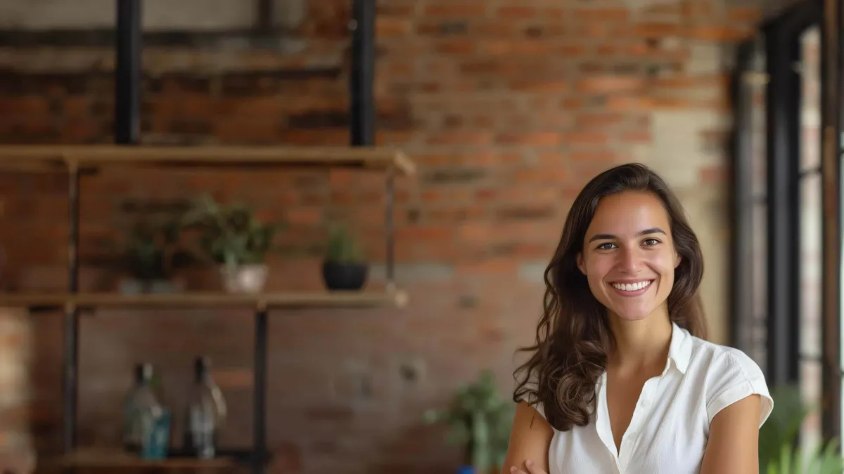 a woman smiling in front of a brick wall