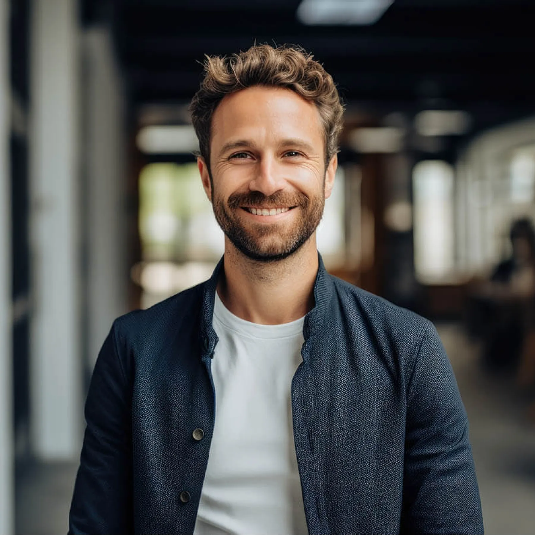 Smiling man in a modern office setting, wearing a casual jacket and t-shirt.